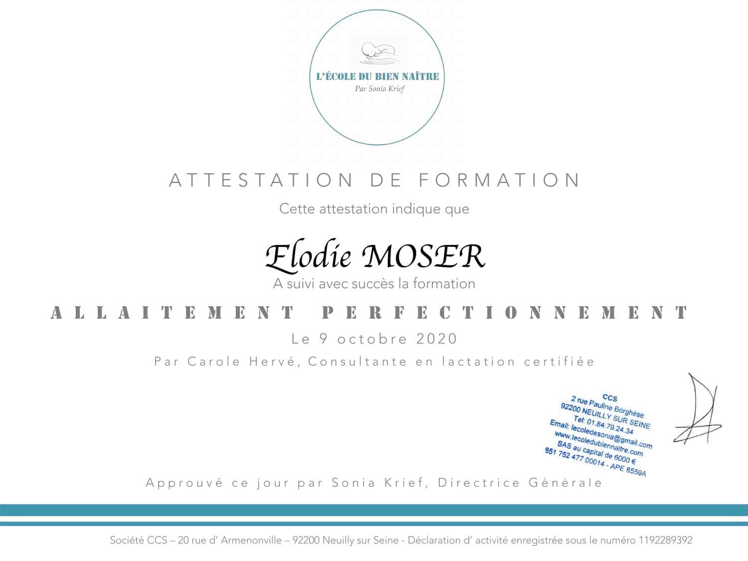 Attestation Allaitement Perfectionnement