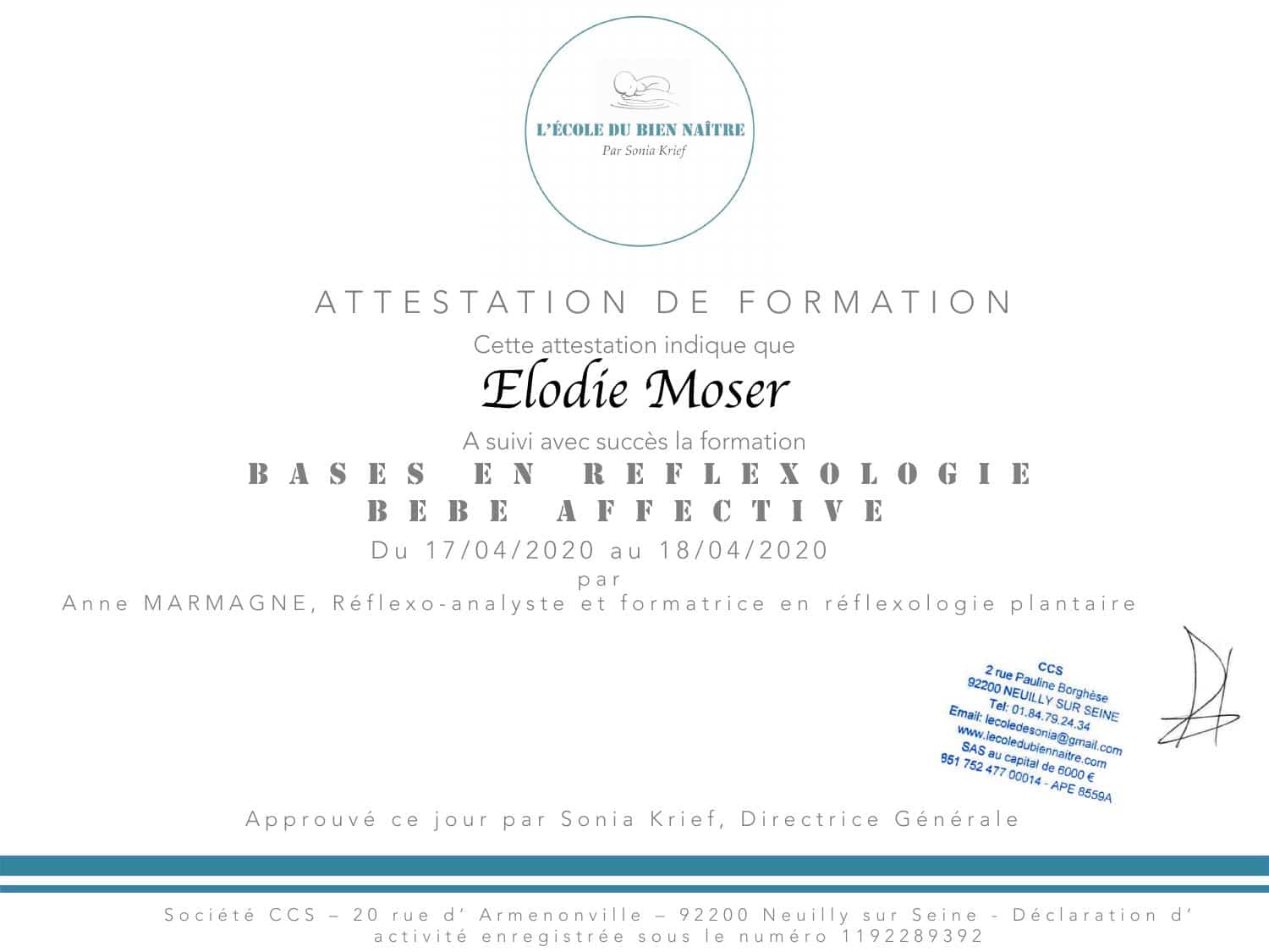 Attestation Réflexologie Bébé